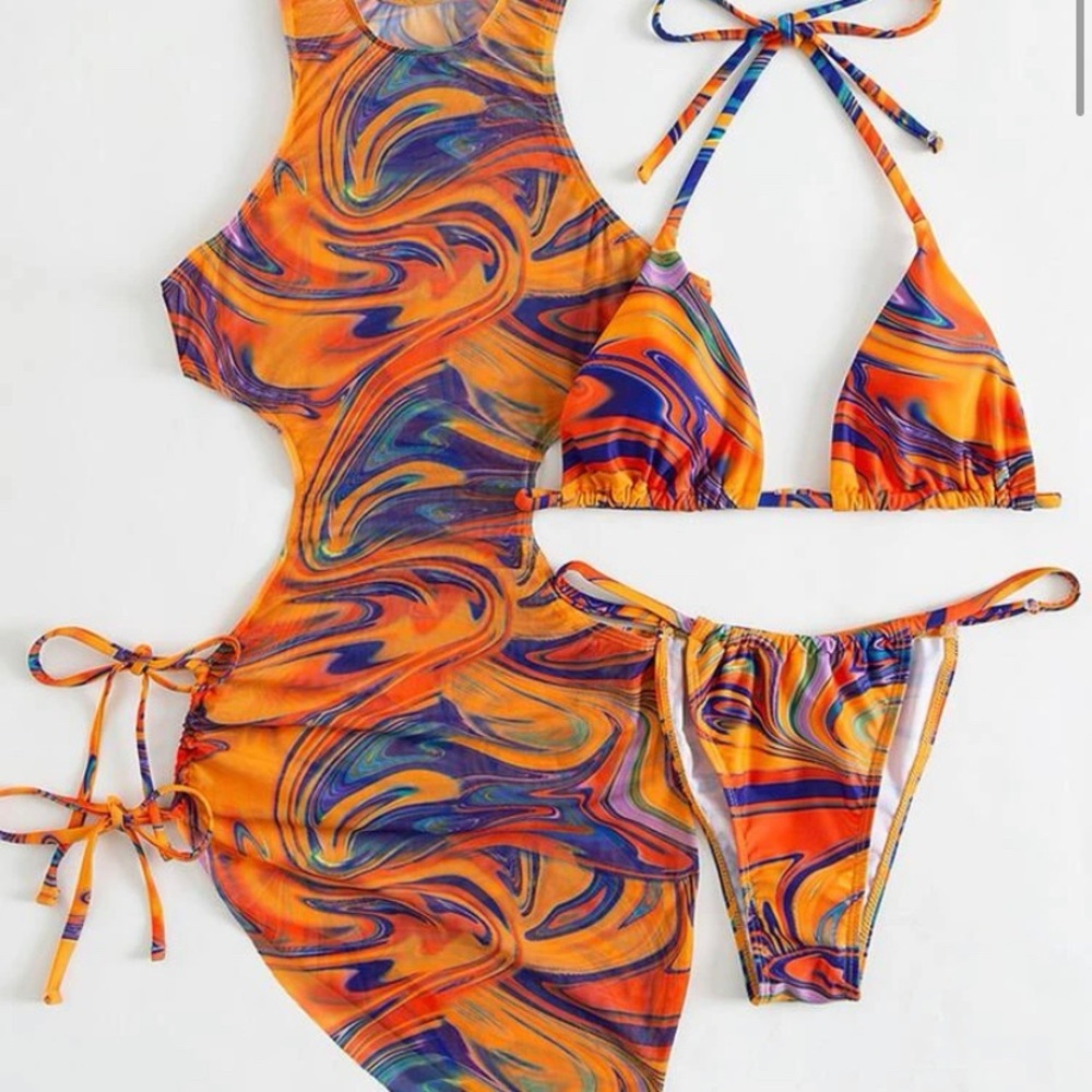 3 piece orange and blue marble bikini set